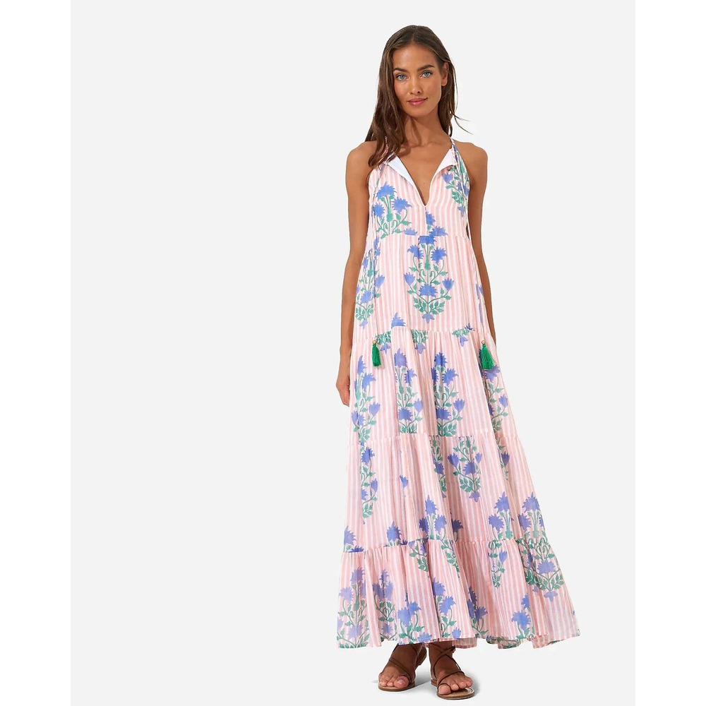 Oliphant Pink Striped Floral Block Print Tiered Cotton Maxi Dress XS Tassels